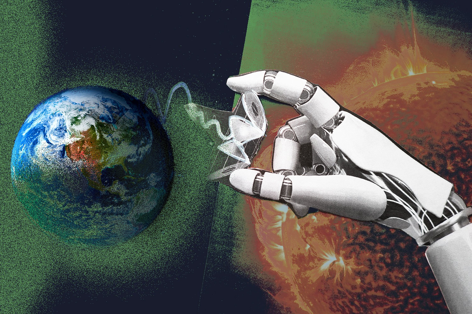 An illustration of the Earth on the left and the Sun on the right, with a robot arm holding up a satellite in between both.