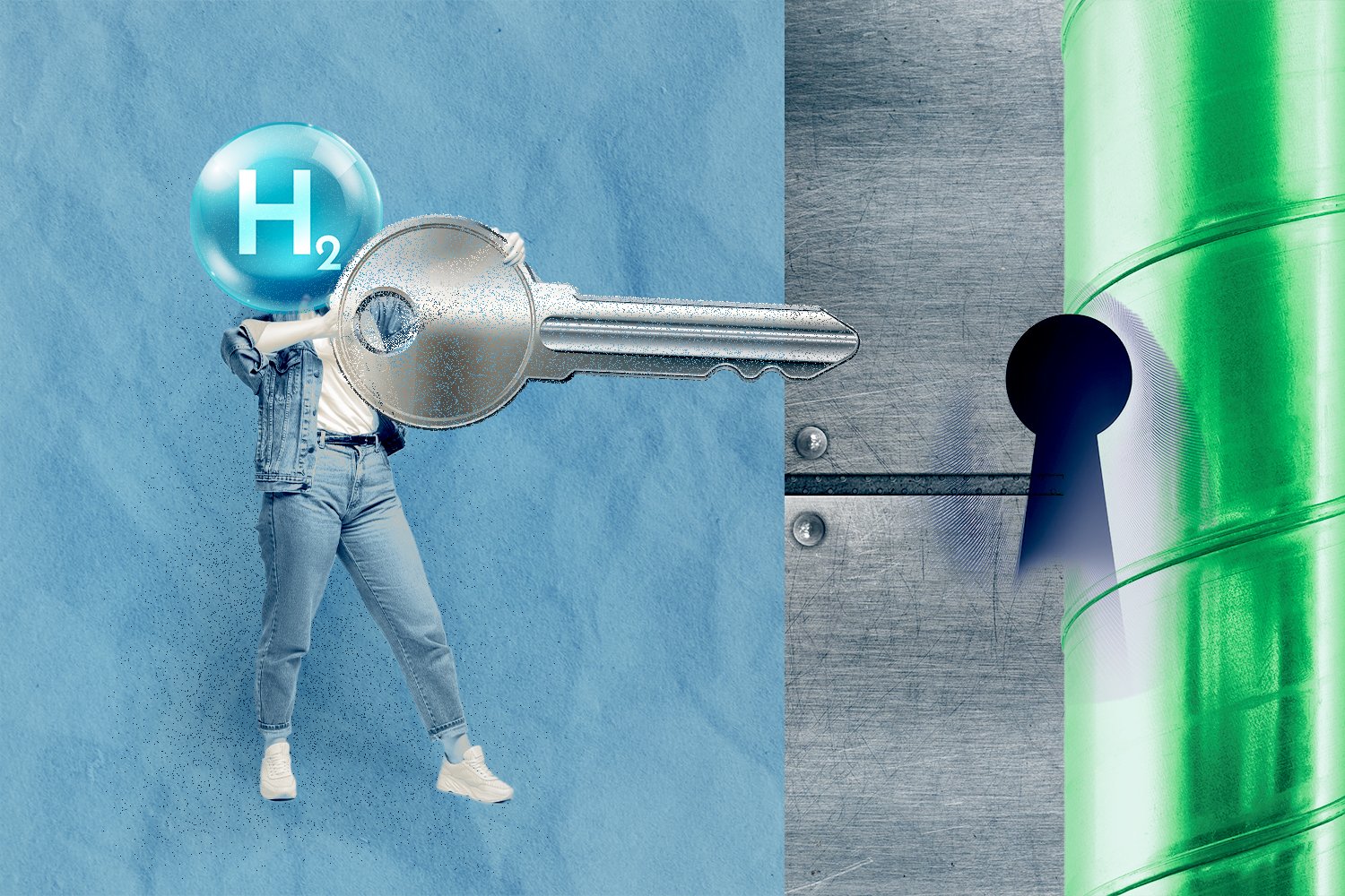 Illustration of a person with a hydrogen molecule for a head holding up a giant key and holding it up to a key hole in a bar of steel.