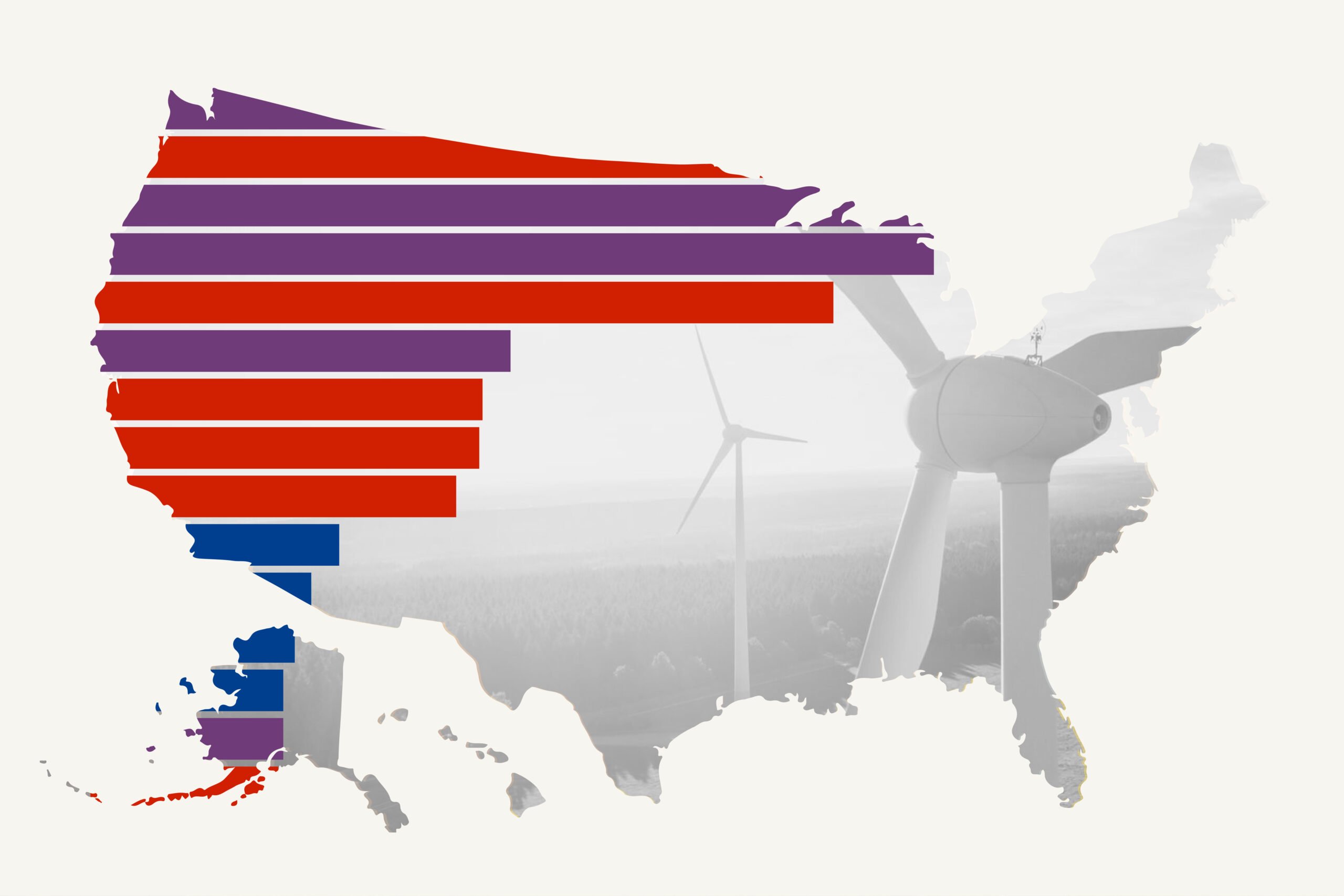 Illustration of a bar chart on top of an outline of the United States map with a black and white photo of wind turbines inside.